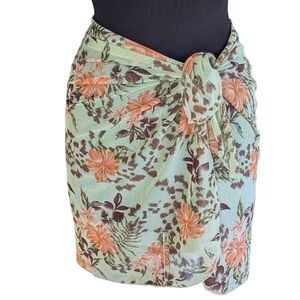 Leilani OS Sheer Mesh Swim Cover Up Tropical Floral Sarong Wrap Vacation